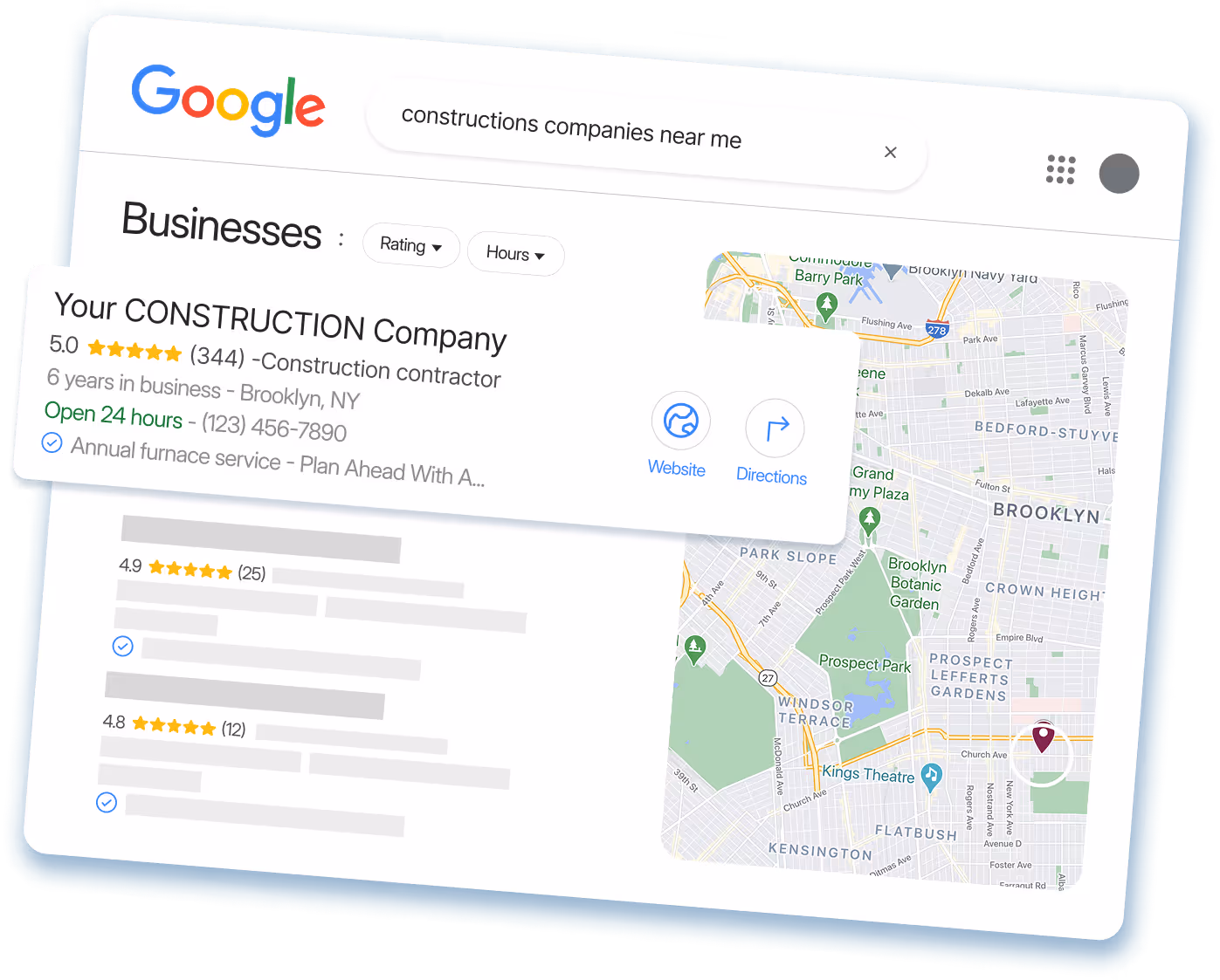 Google search results for construction companies near me showing a top business listing with a 5-star rating, location in Brooklyn, NY, contact information, and a map highlighting Brooklyn neighborhoods.