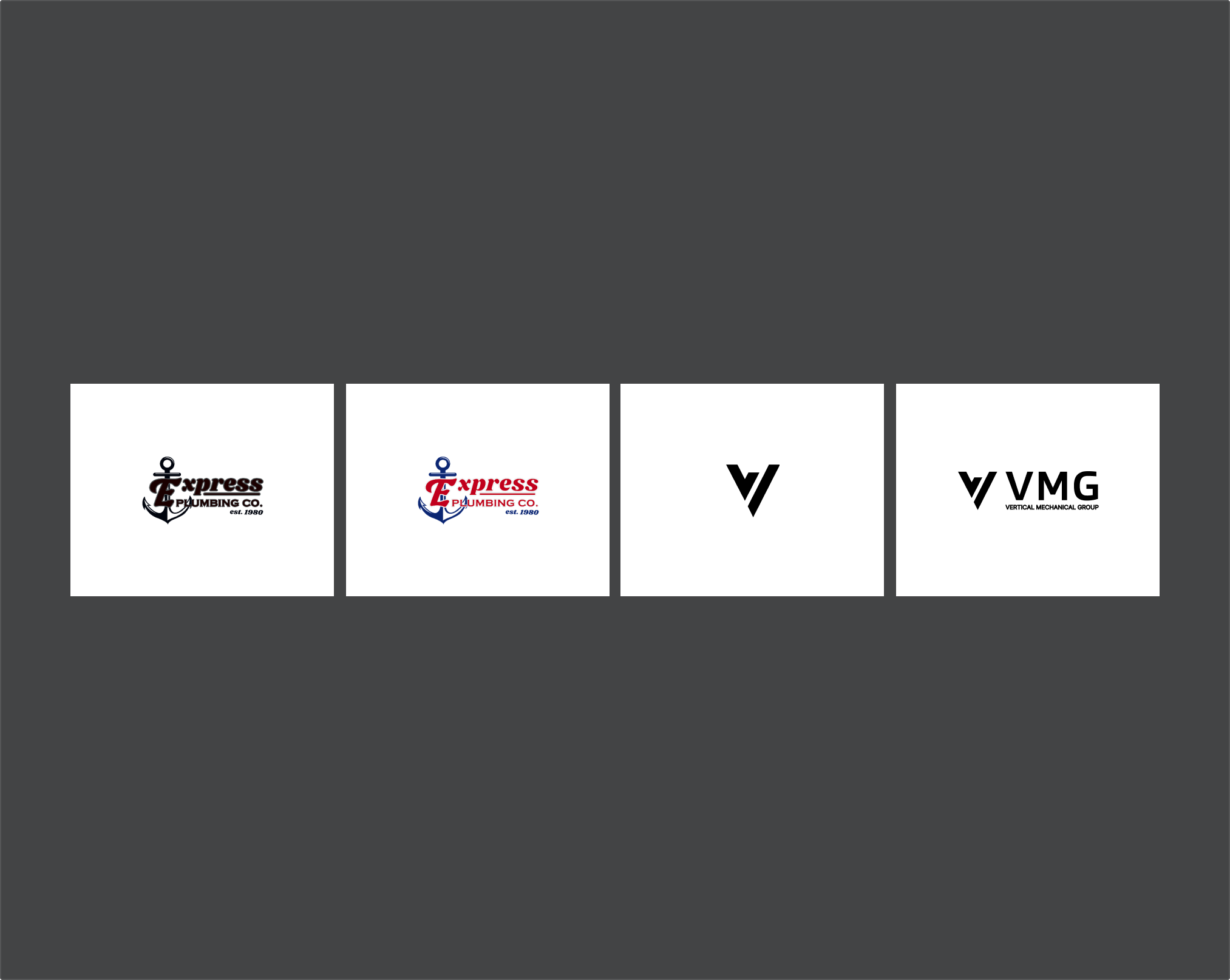 Four logo designs featuring anchors and the letters 'E' and 'V'; two for Express Plumbing Co. and two for VMG Vertical Mechanical Group.