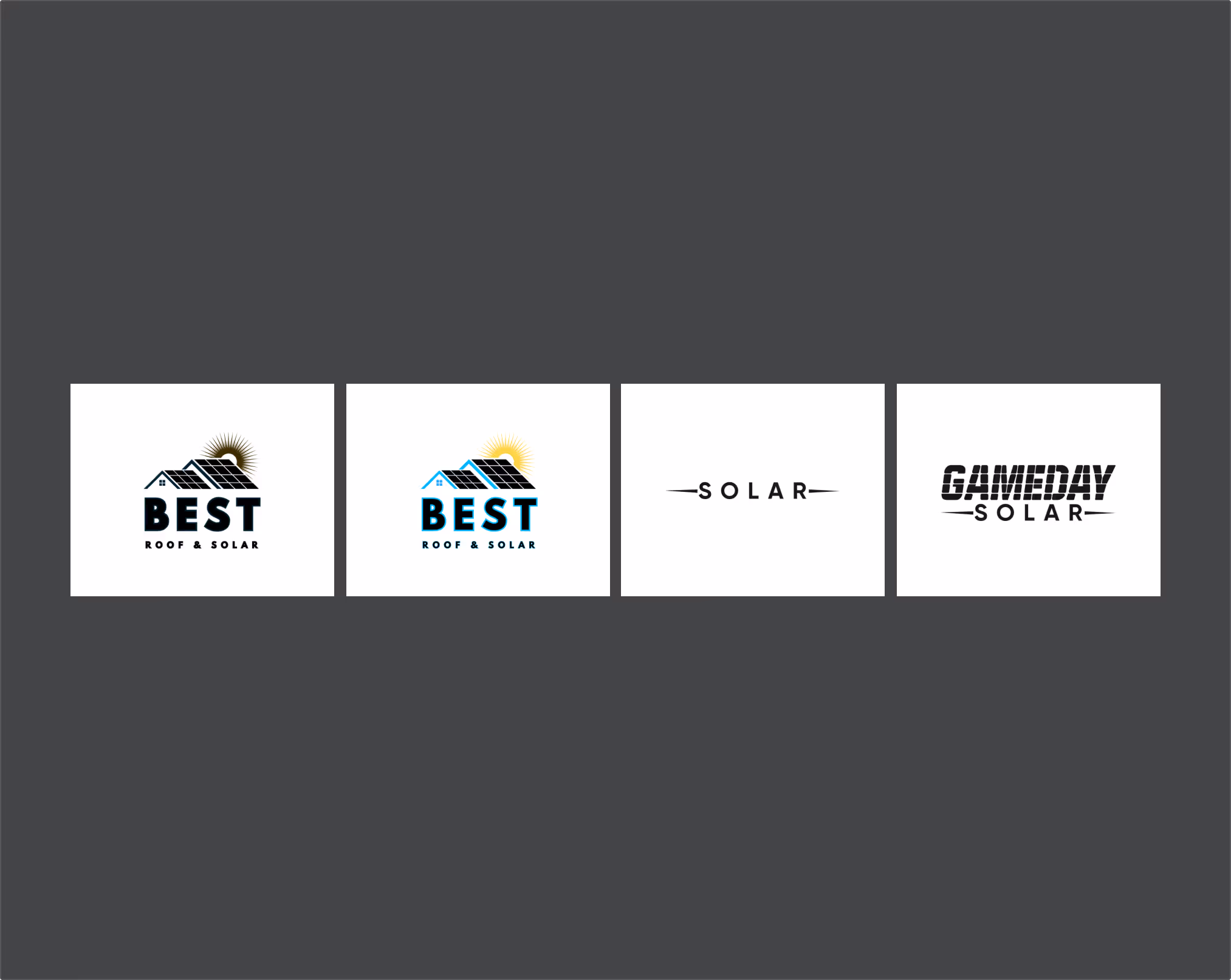 Four solar company logos: two with house roofs and solar panels with sun, and two text-based logos reading 'SOLAR' and 'GAMEDAY SOLAR'.
