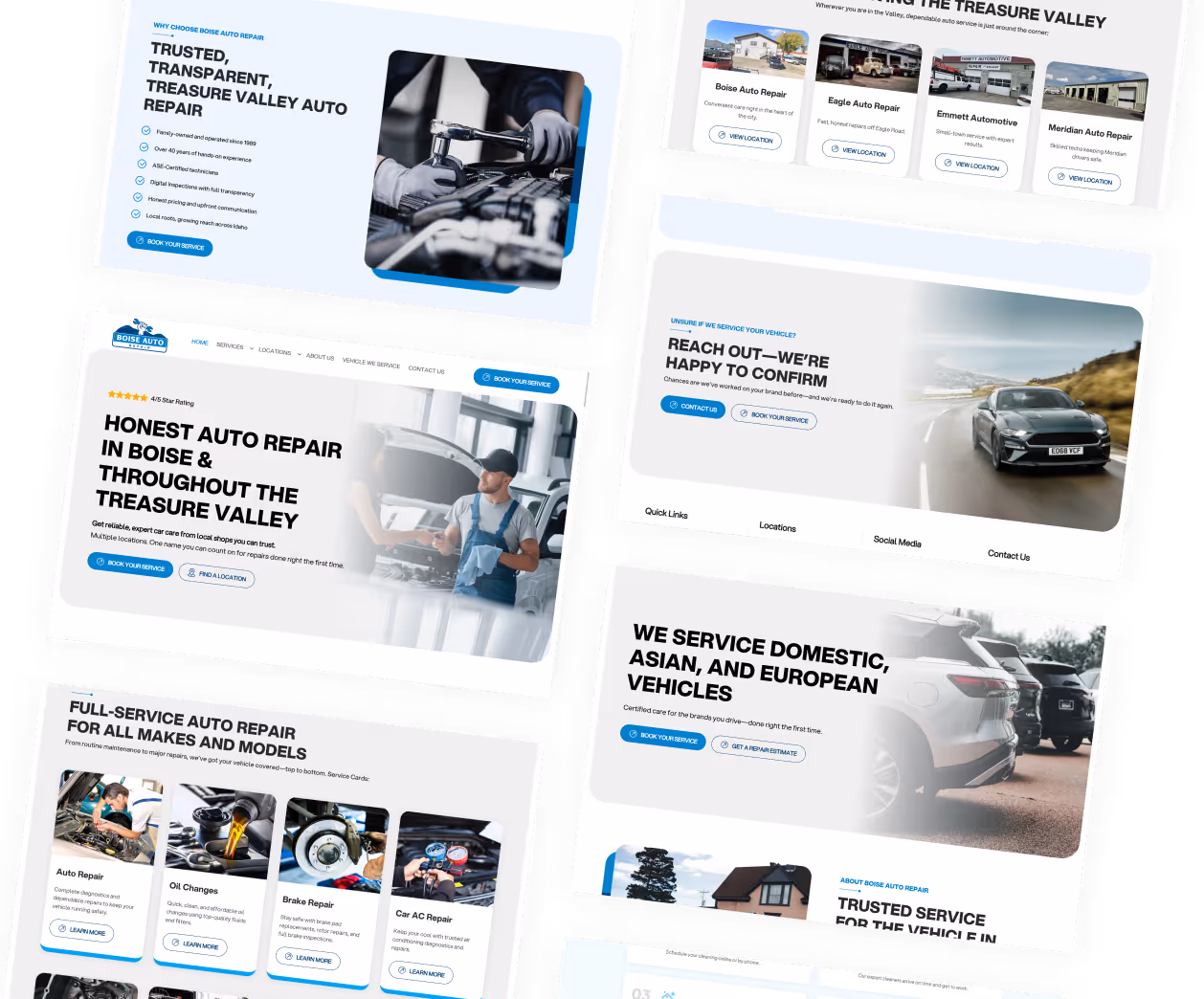 Collage of auto repair website pages showcasing services like honest repair, full-service maintenance, and trusted customer care with images of mechanics and cars.