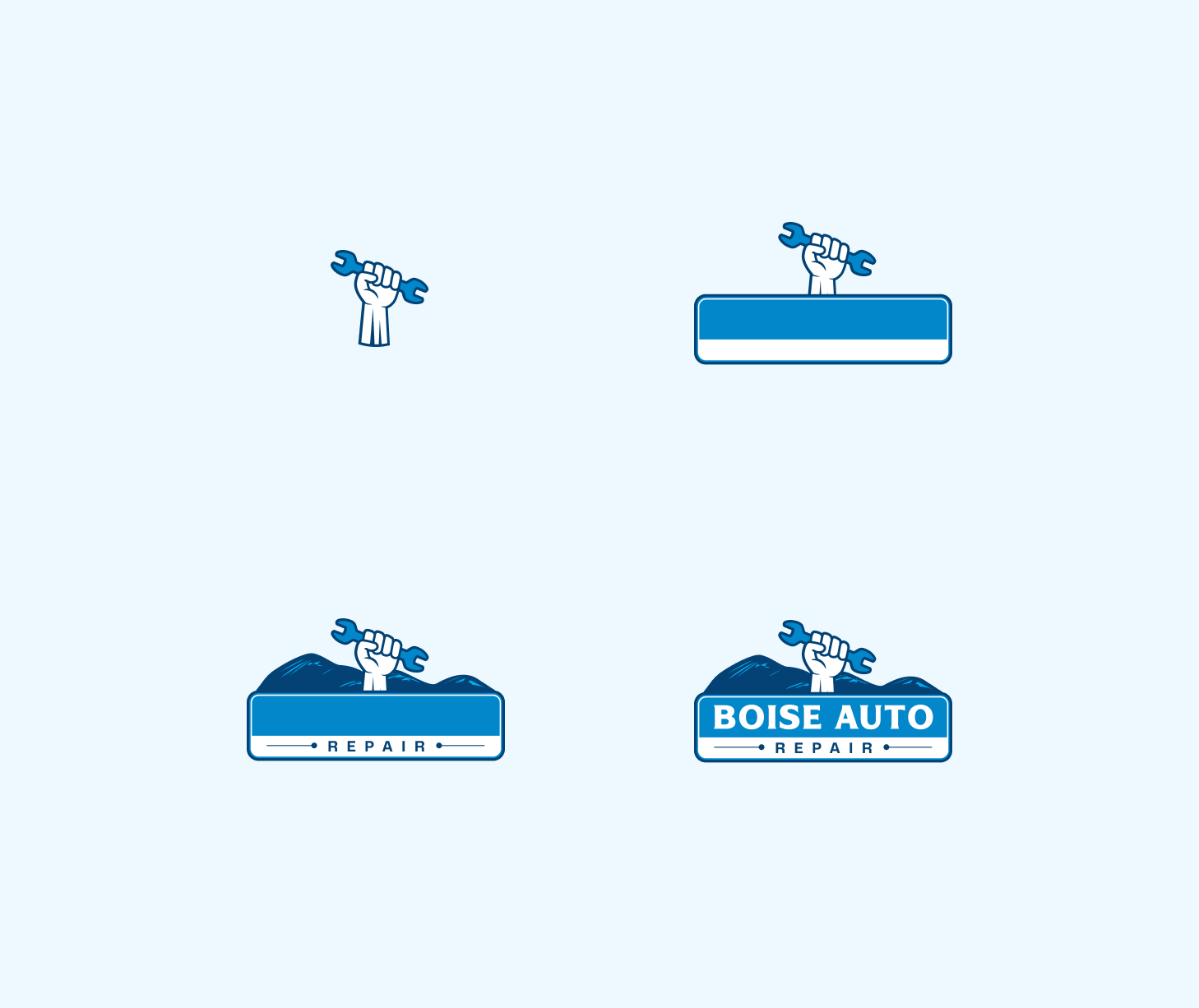 Sequence of four blue and white logos featuring a hand holding a wrench above mountain outlines, progressively adding text from blank to 'BOISE AUTO REPAIR.'