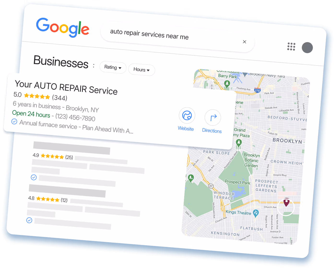 Google search results for 'auto repair services near me' showing top business Your AUTO REPAIR Service with 5-star rating, Brooklyn NY location, contact details, and a map of Brooklyn neighborhoods.