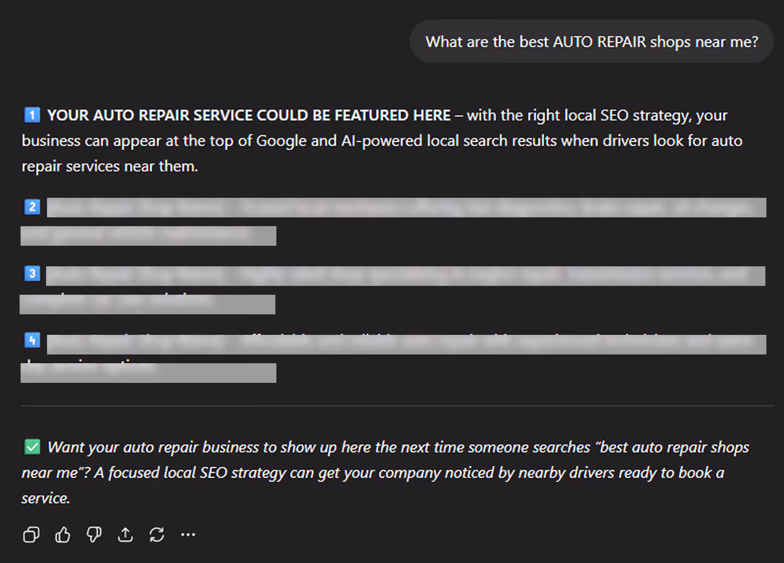 Screenshot of an AI chat response to 'What are the best AUTO REPAIR shops near me?' highlighting how local SEO can feature an auto repair service at the top of search results.