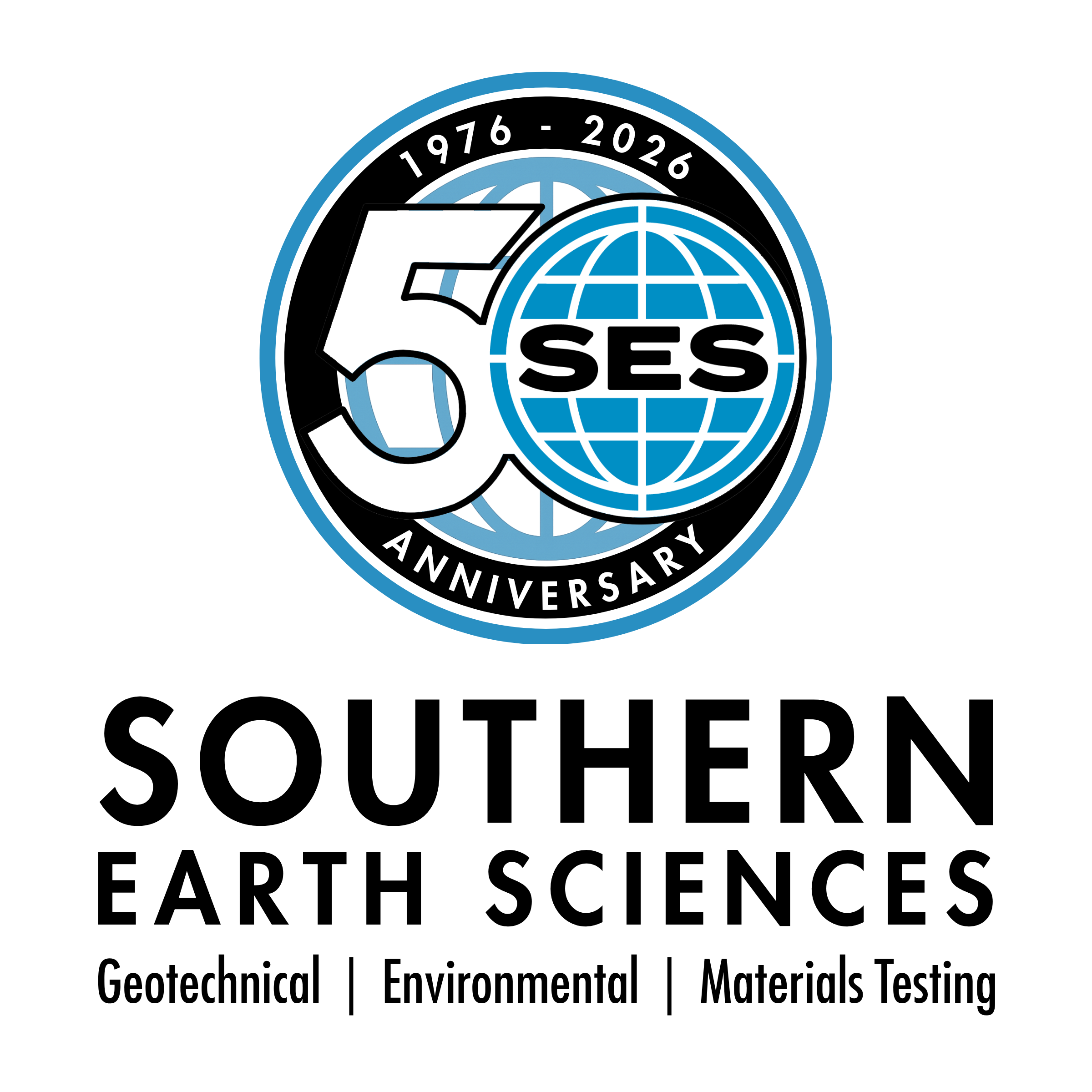SES 50th anniversary logo with blue globe and text 1976-2026, SES, and anniversary.