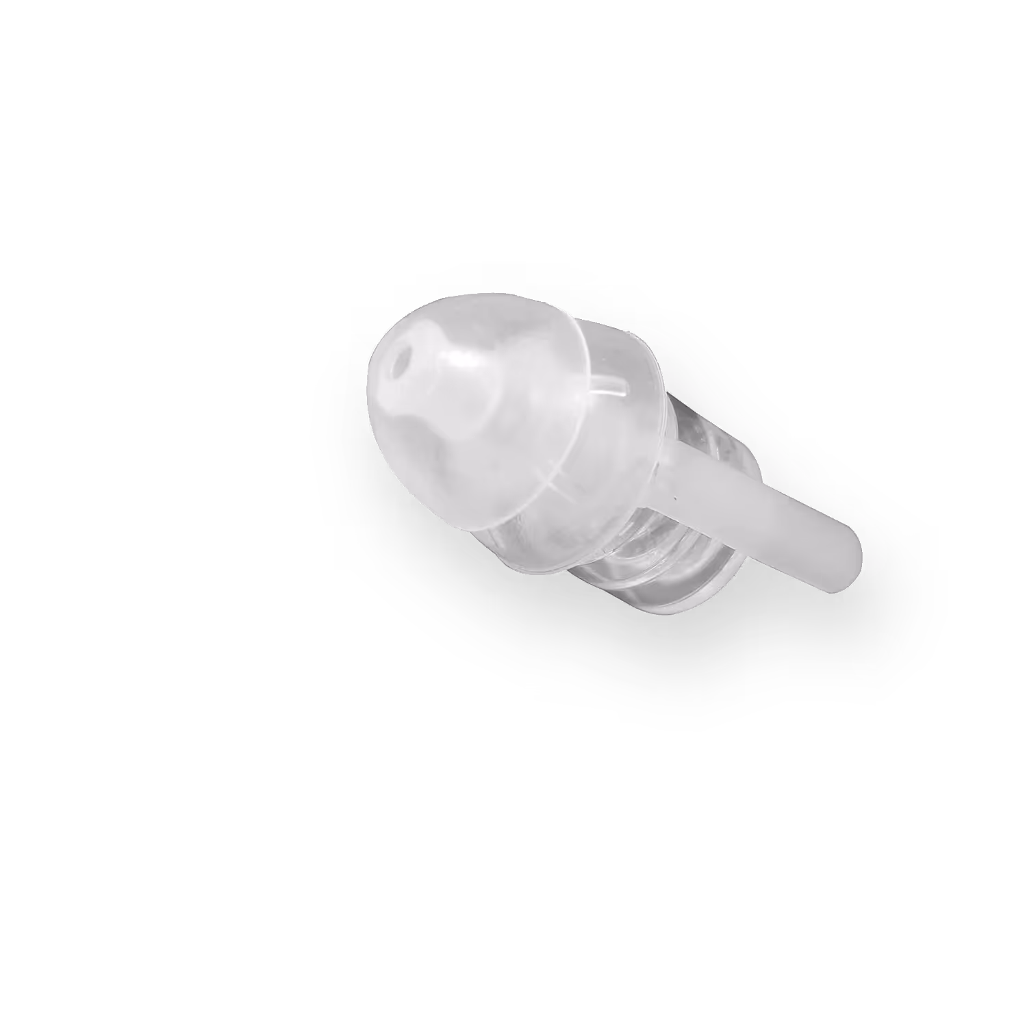 Single clear silicone earplug with a stem on a black background.