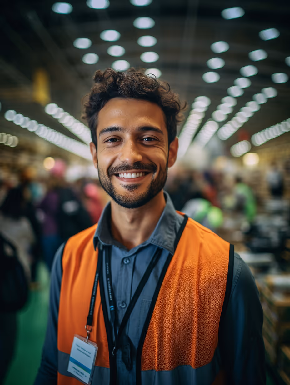 Smiling warehouse worker wearing an orange safety vest and name badge in a busy, well-lit warehouse.