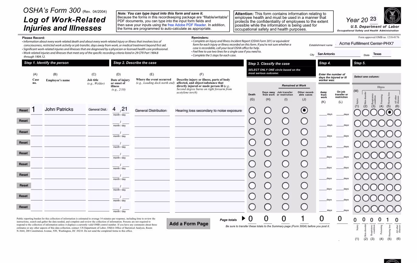 OSHA Form 300 Log of Work-Related Injuries and Illnesses filled for John Patricks with injury dated 4/21 in General Distribution due to hearing loss from noise exposure at Acme Fulfillment Center in San Antonio, Texas.