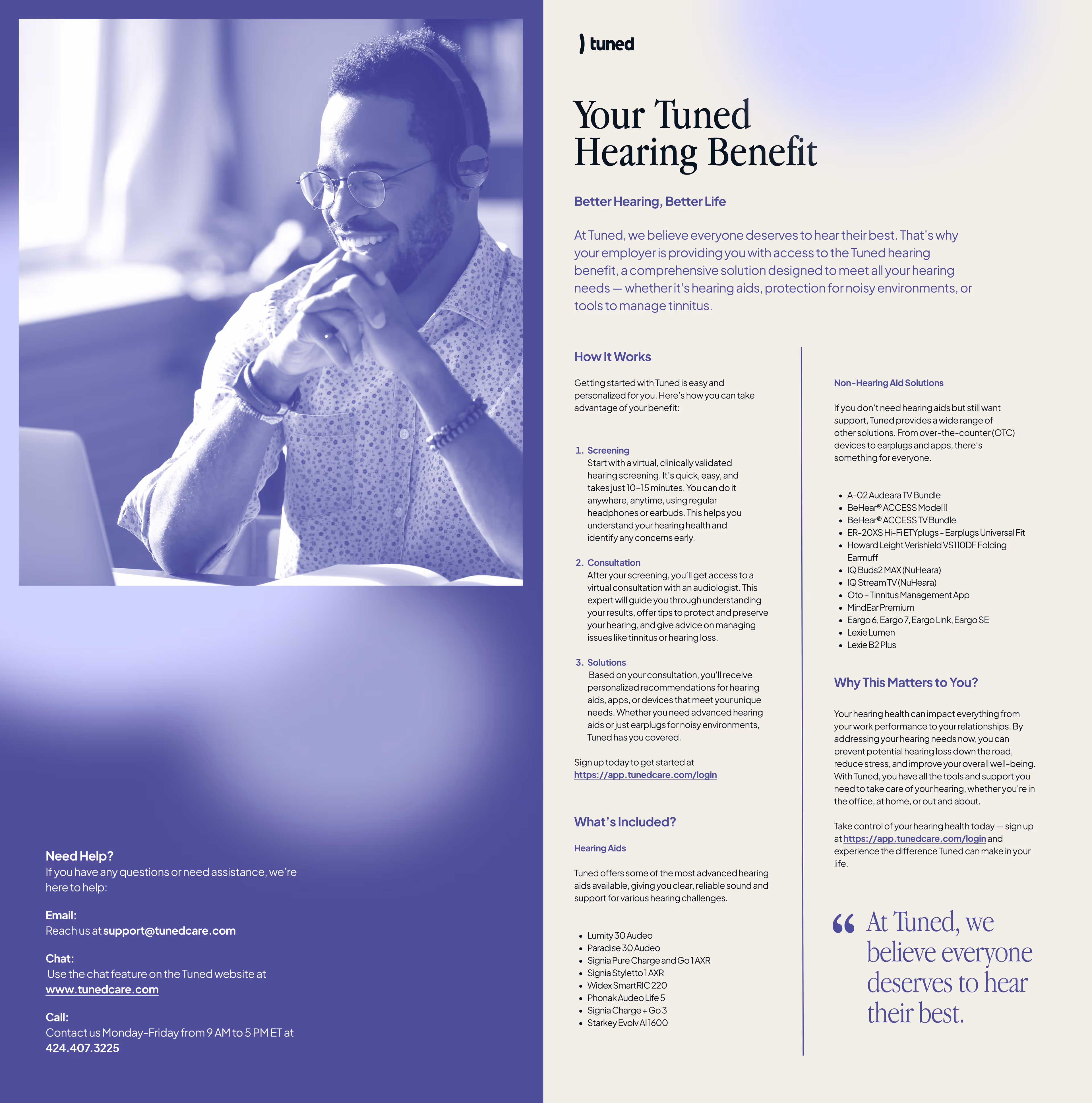 Smiling man wearing headphones and glasses sitting at a desk with a laptop, next to informational text about Tuned hearing benefits and services.