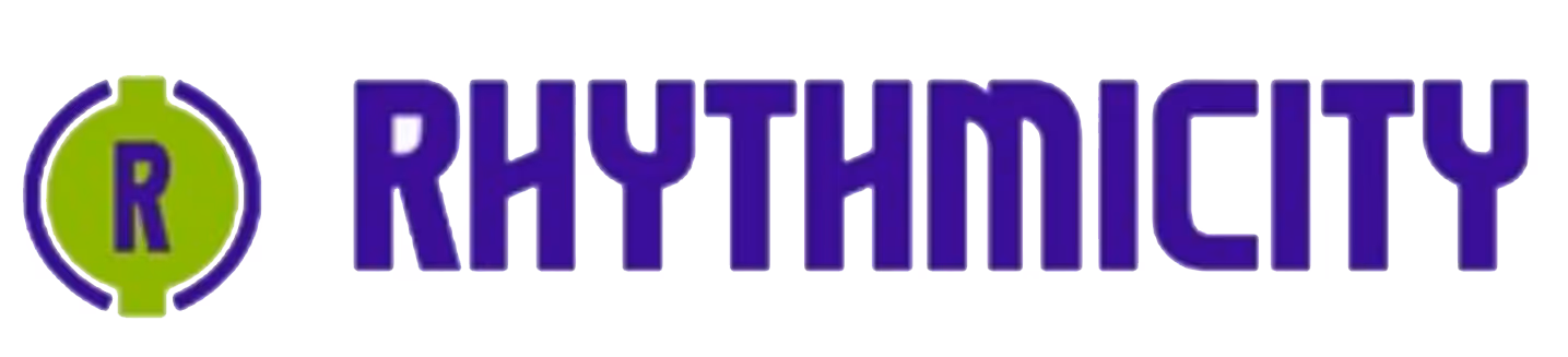 Logo with a green circle containing a purple letter R, next to the word RHYTHMICITY in bold purple letters.