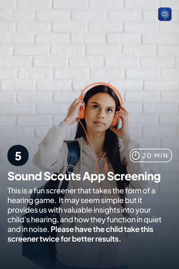 Young girl wearing orange headphones with a backpack, looking thoughtfully upward against a white brick wall, promoting the Sound Scouts App Screening for hearing assessment.