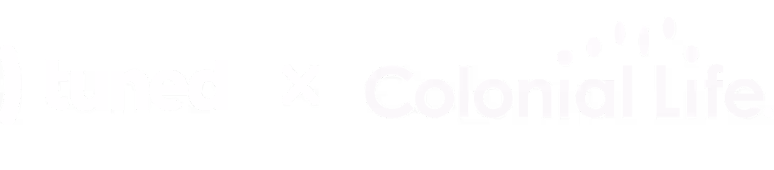 Logos of Tuned and Colonial Life side by side with a multiplication symbol between them.