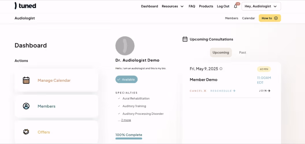 Dashboard view for an audiologist showing actions like Manage Calendar, Members, Offers; profile of Dr. Audiologist Demo with specialties and availability; upcoming consultation scheduled for May 9, 2025, at 11:00 AM EDT for Member Demo.