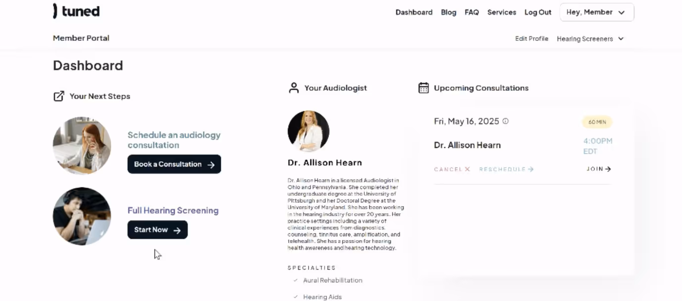 Dashboard of a member portal showing next steps to schedule an audiology consultation or start a full hearing screening, profile of Dr. Allison Hearn with details, and an upcoming consultation appointment on May 16, 2025, at 4 PM.