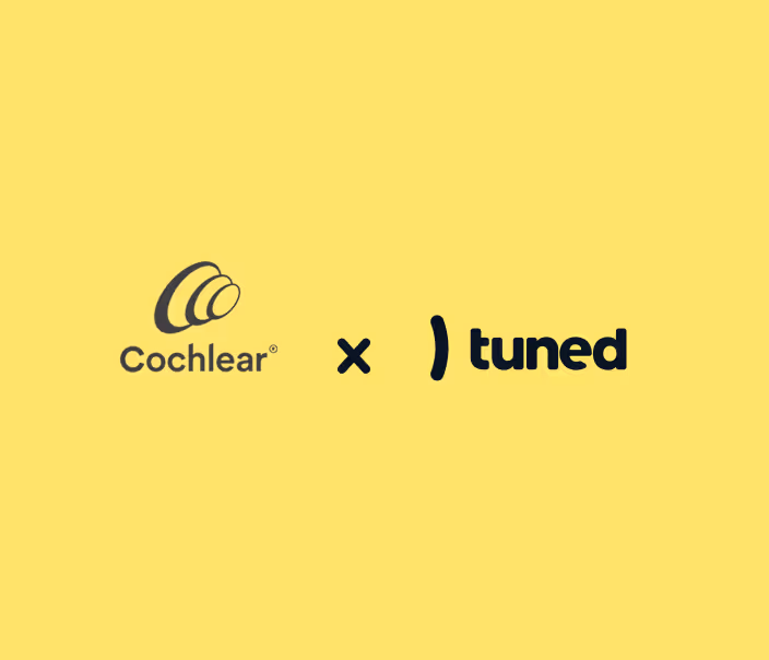 Logos of Cochlear and Tuned side by side on a yellow background, separated by a multiplication sign.