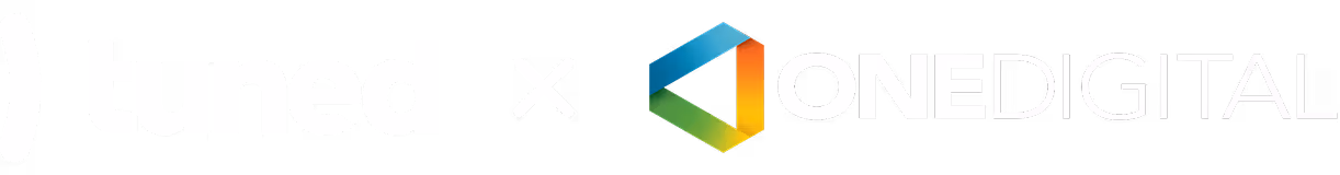 Logos of Tuned and OneDigital side by side with a multiplication sign between them.