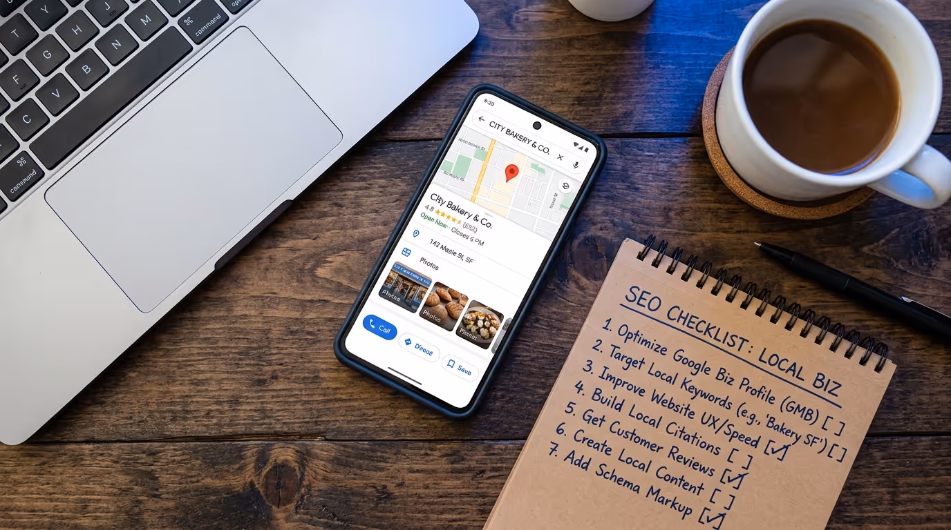 Smartphone showing Google Maps business listing with SEO checklist on dark wood desk