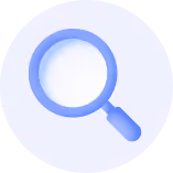 Blue magnifying glass icon on a light circular background.
