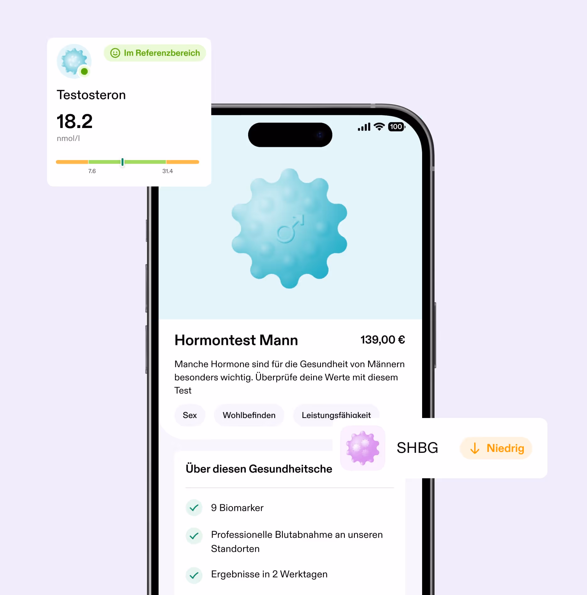 Smartphone screen showing a male hormone test app in German, displaying a testosterone level of 18.2 nmol/l within the reference range, SHBG marked low, and details about the hormone test including 9 biomarkers, professional blood sampling, and results in 2 working days.