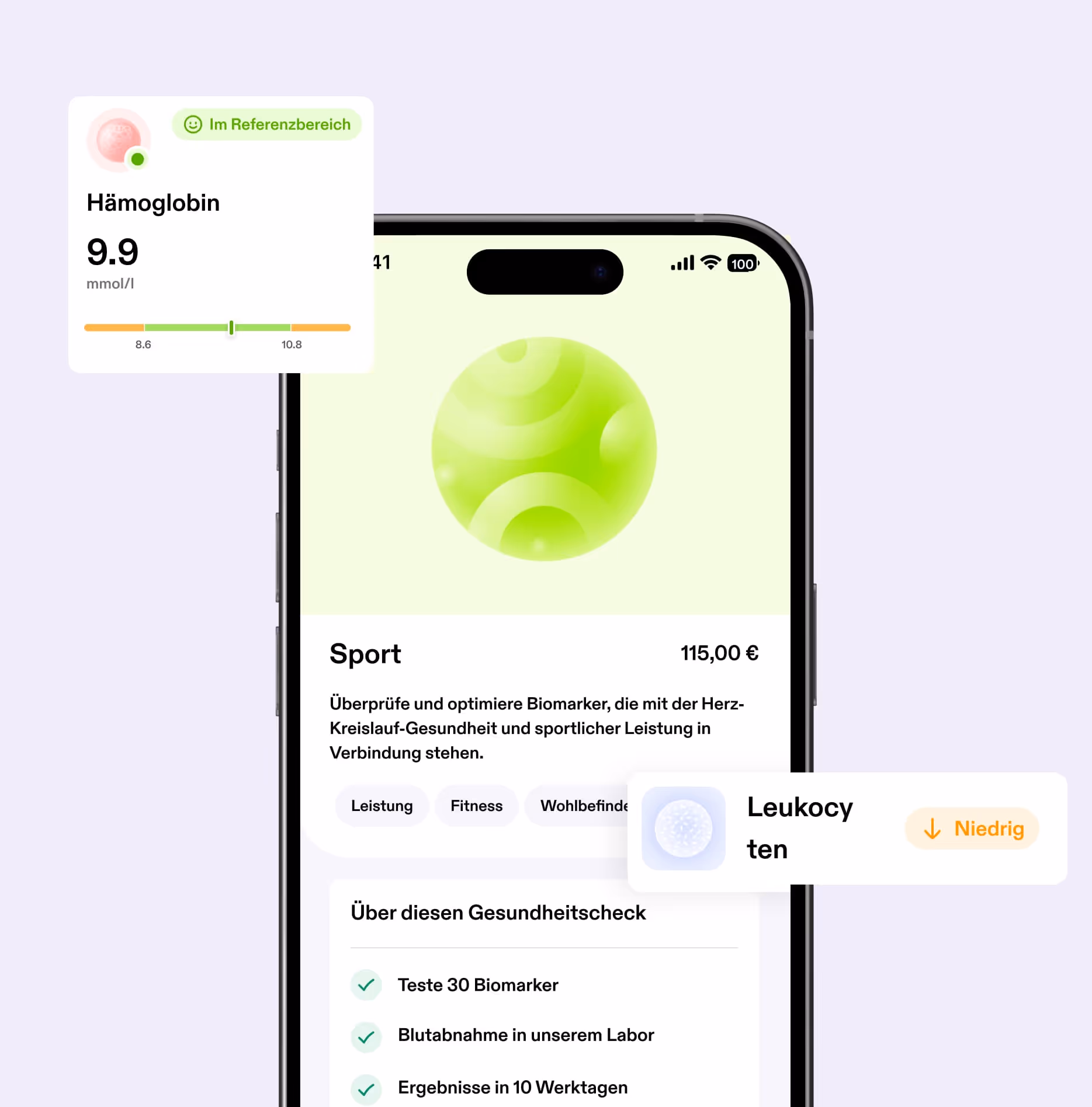 Smartphone screen displaying a health app with sports-related biomarker check, showing hemoglobin level 9.9 mmol/l in normal range and low leukocytes notification, priced at 115 euros.