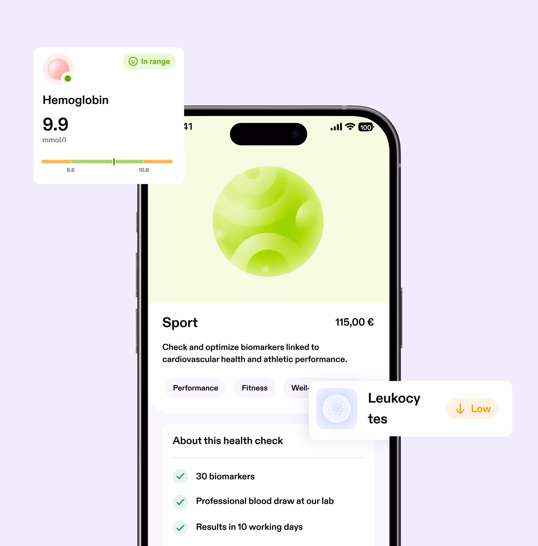 Mobile screen showing a health check app for sports with a 115 euro price, details about biomarkers, and indicators for hemoglobin at 9.9 mmol/l in range and low leukocytes.