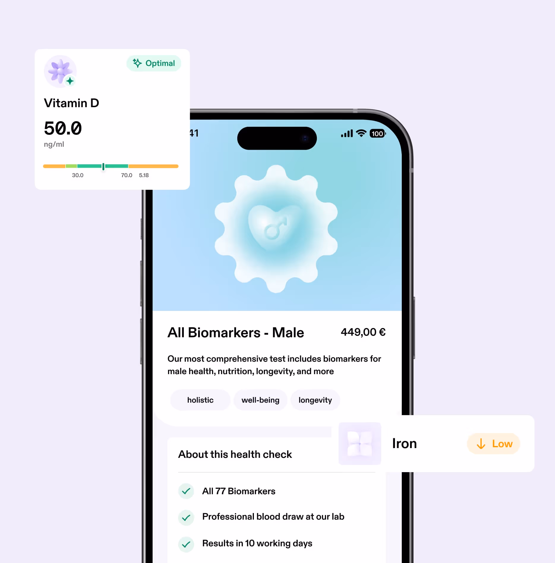 Mobile screen showing a male health biomarker test app with Vitamin D level at 50.0 ng/ml labeled optimal, and Iron level marked as low, along with test details and price of 449 euros.