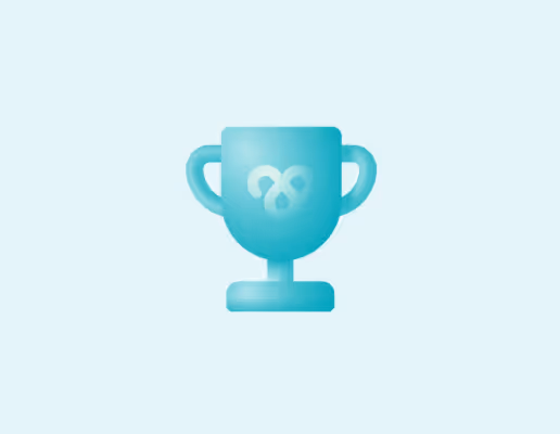 Blue trophy icon with a faint heart-shaped design in the center on a light background.
