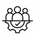Icon of three people figures above a gear with a checkmark inside.