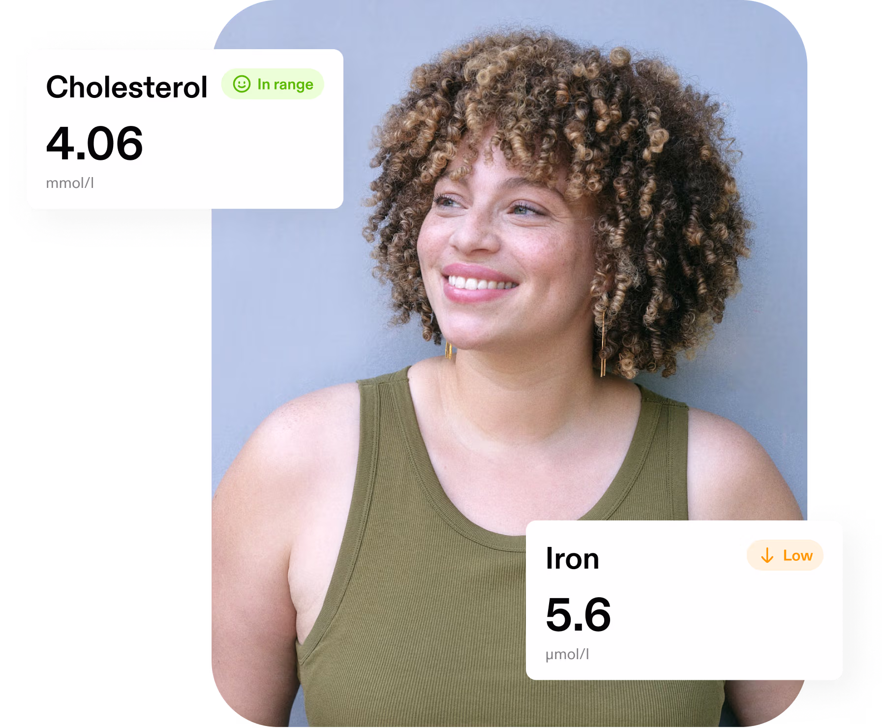 Smiling woman with curly hair wearing an olive green tank top, with cholesterol and iron levels displayed beside her.