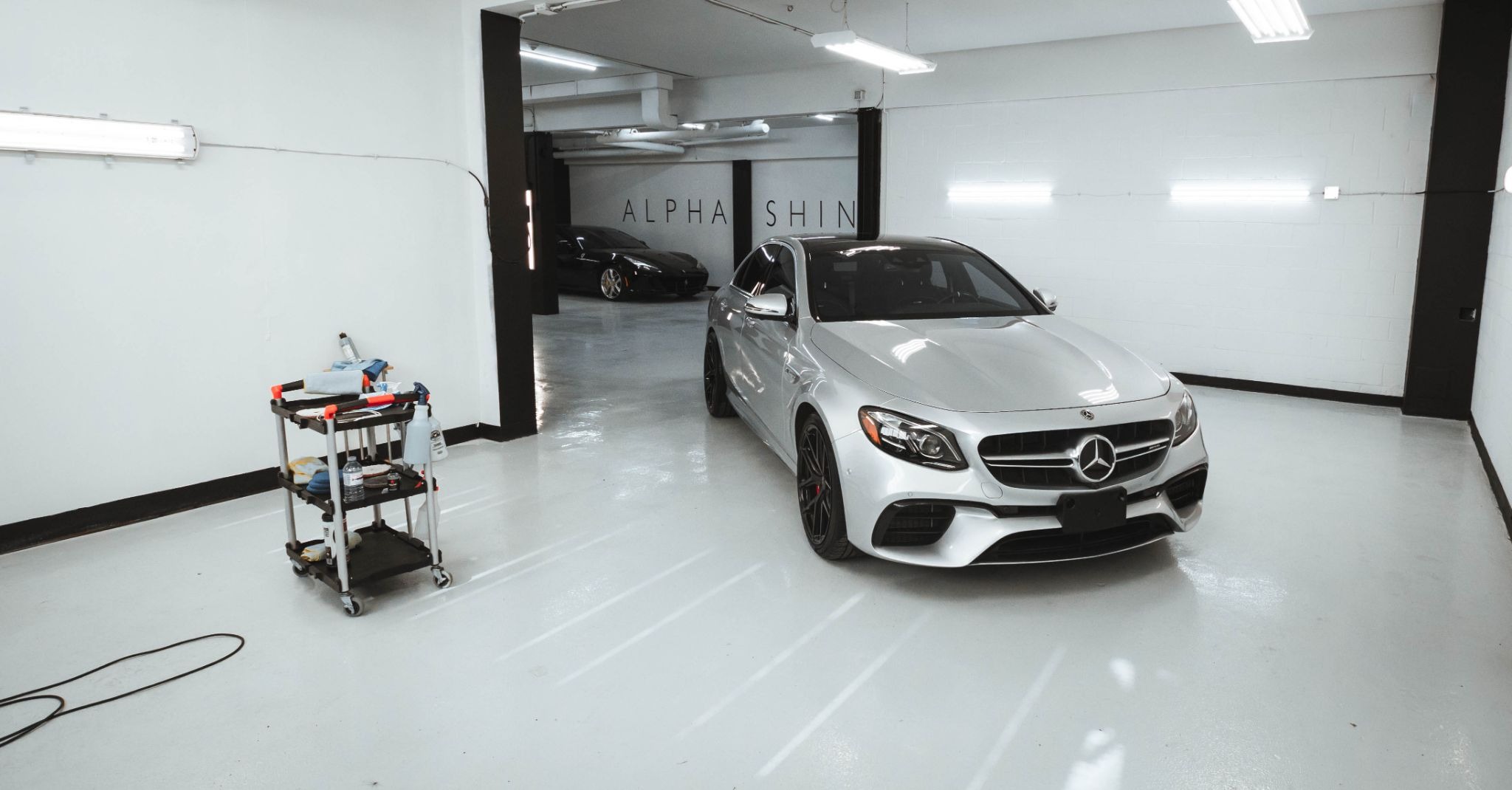 Auto detailing Toronto — freshly detailed Mercedes inside AlphaShine car detailing Toronto facility.