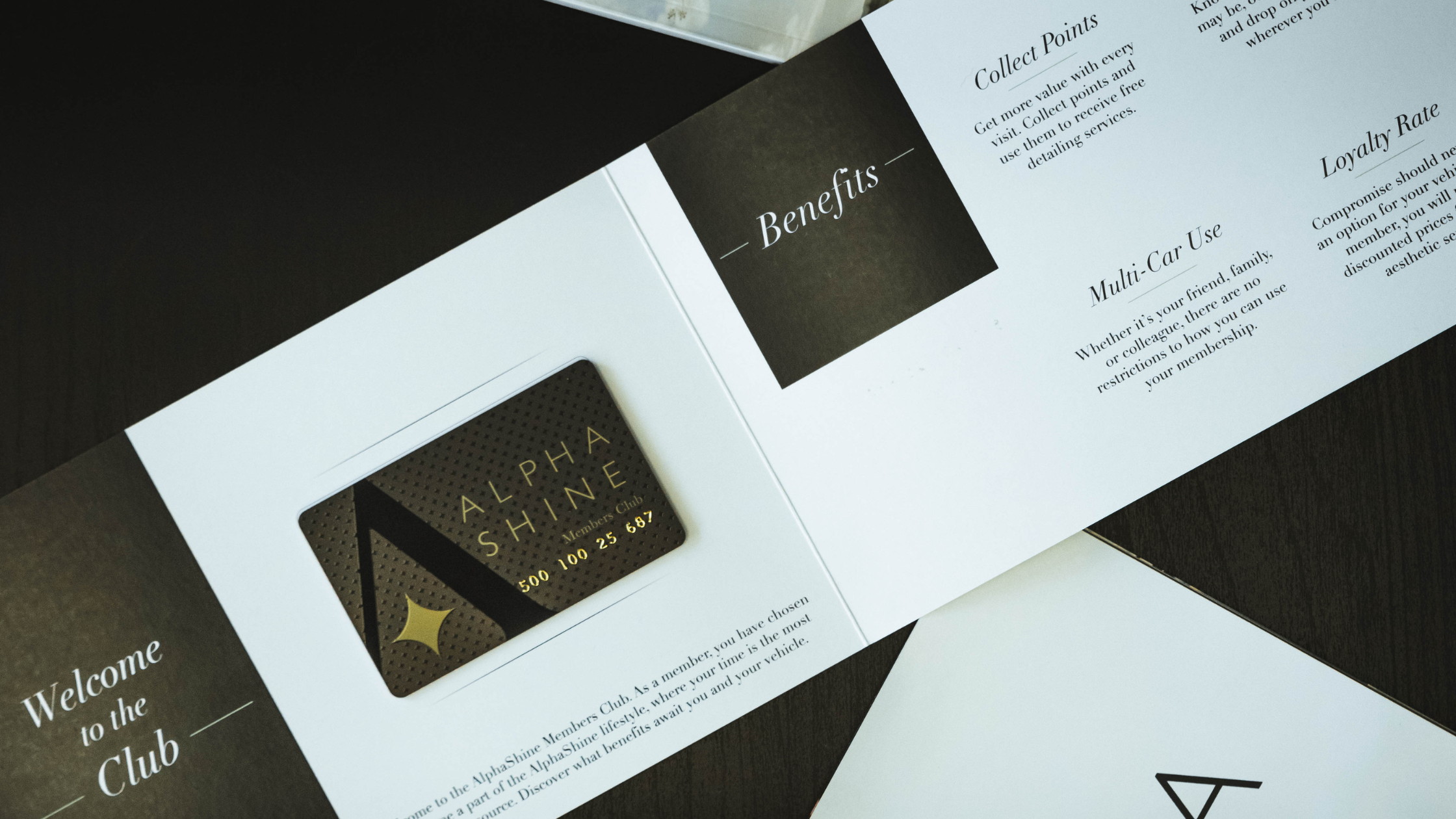 An ALPHASHINE membership kit opened on a table, featuring the exclusive black and gold member card and printed details outlining benefits such as points, multi car use, and loyalty rewards.