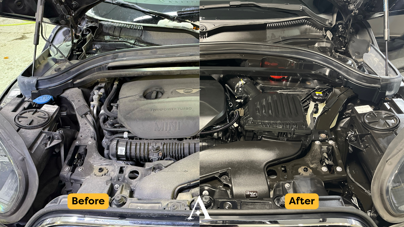 Before and after engine detailing comparison, highlighting the transformation from dirty engine bay to fully cleaned and detailed engine compartment.