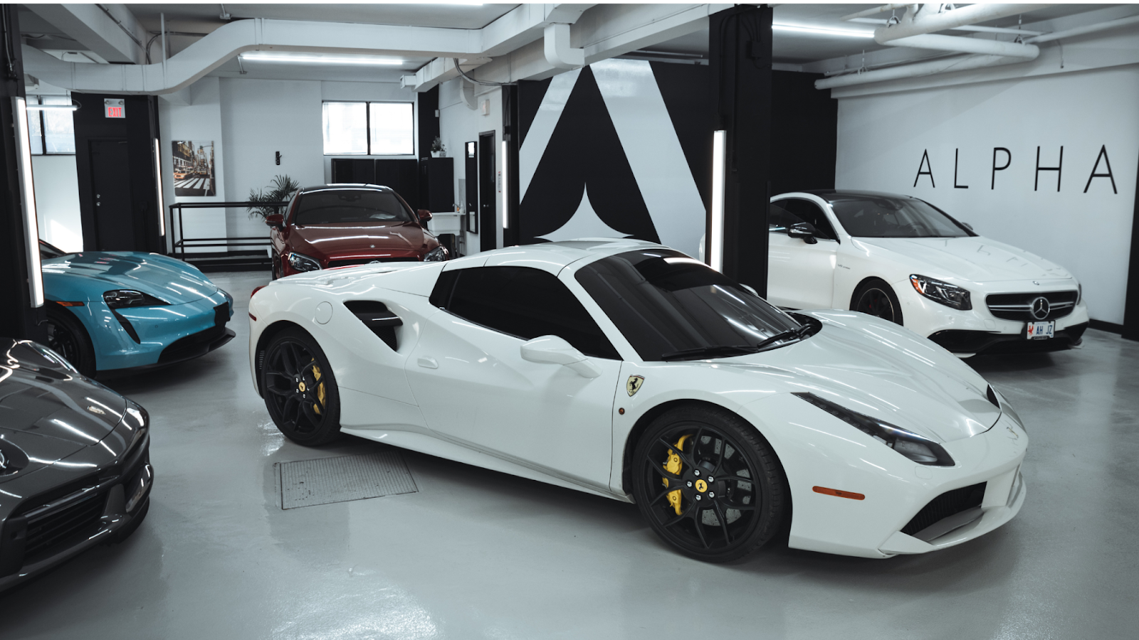 Luxury sports cars inside ALPHASHINE detailing studio, showcasing premium vehicles after professional auto detailing service in Toronto.