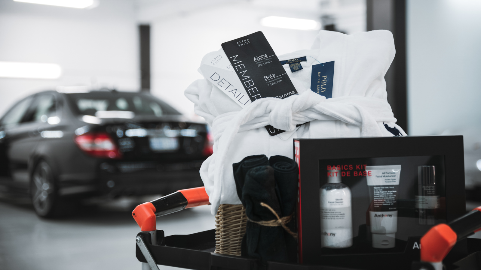 ALPHASHINE detailing gift set displayed inside a car wash studio, featuring a premium car wash Toronto membership idea for Valentine’s Day Toronto gifting.