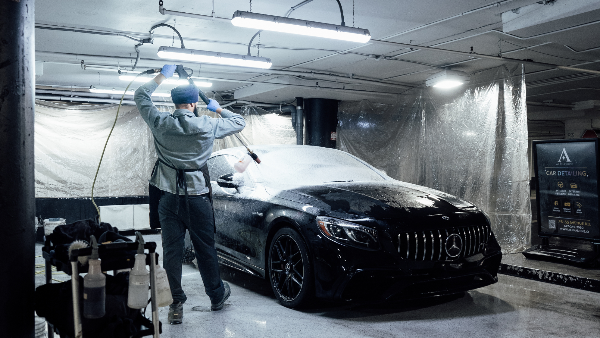 Foam cannon wash in progress at ALPHASHINE studio, professional exterior detailing in Toronto