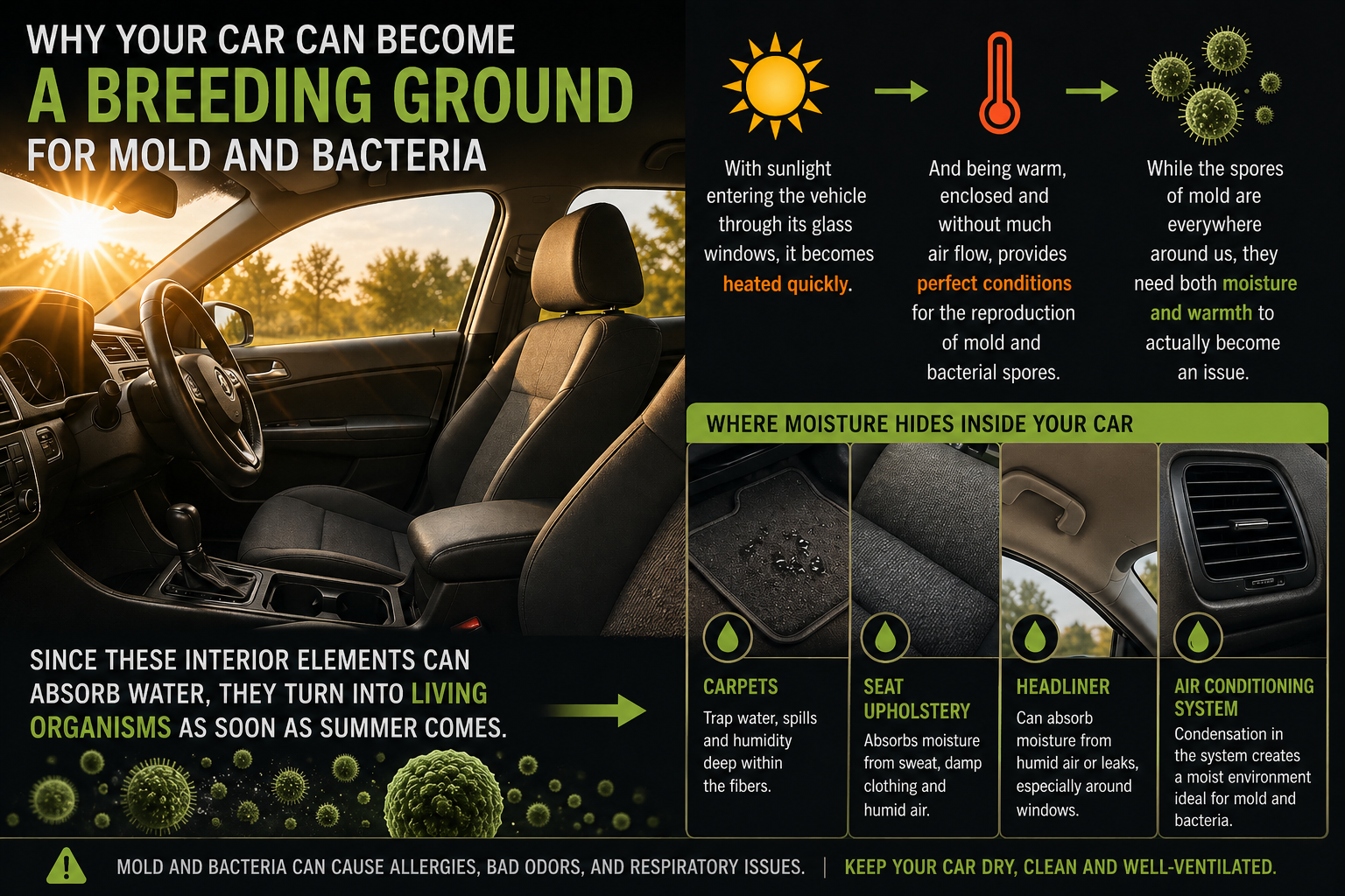 Infographic explaining how cars become breeding grounds for mold and bacteria, highlighting heat, moisture, and interior surfaces.