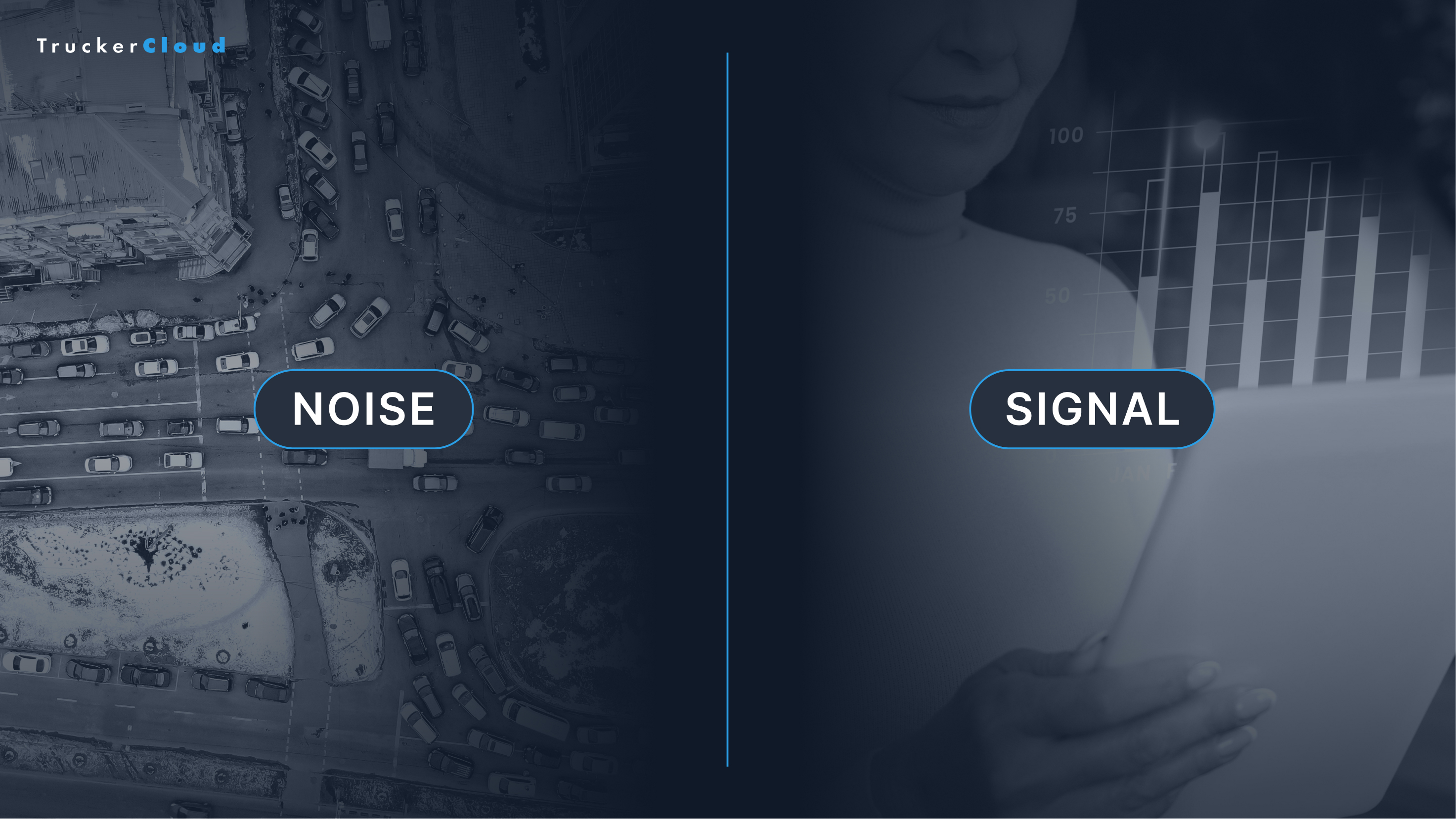 Split screen photos with "noise" on one side and "signal" on the other.