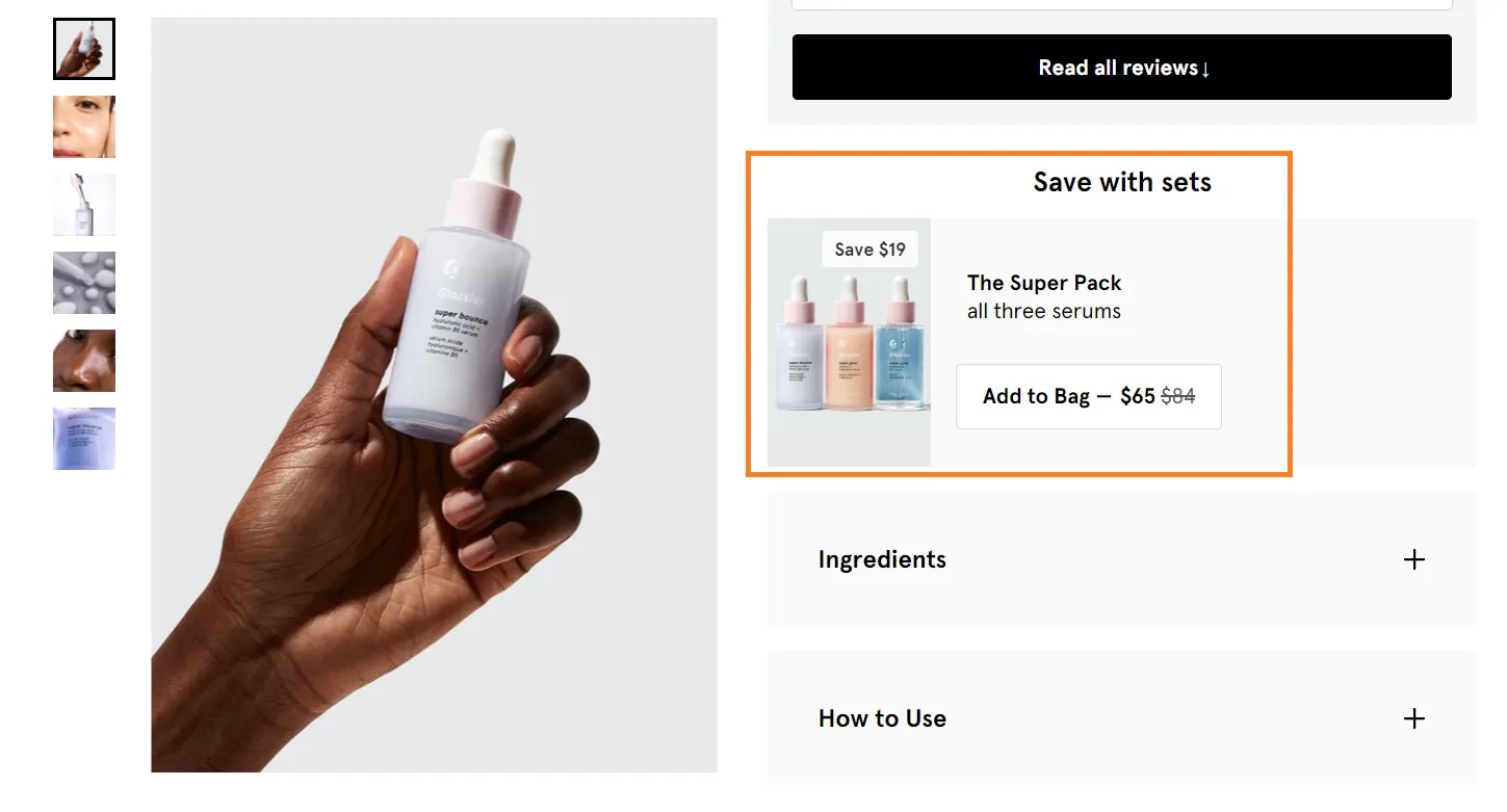 Bundle and save to increase AOV example from Glossier product page
