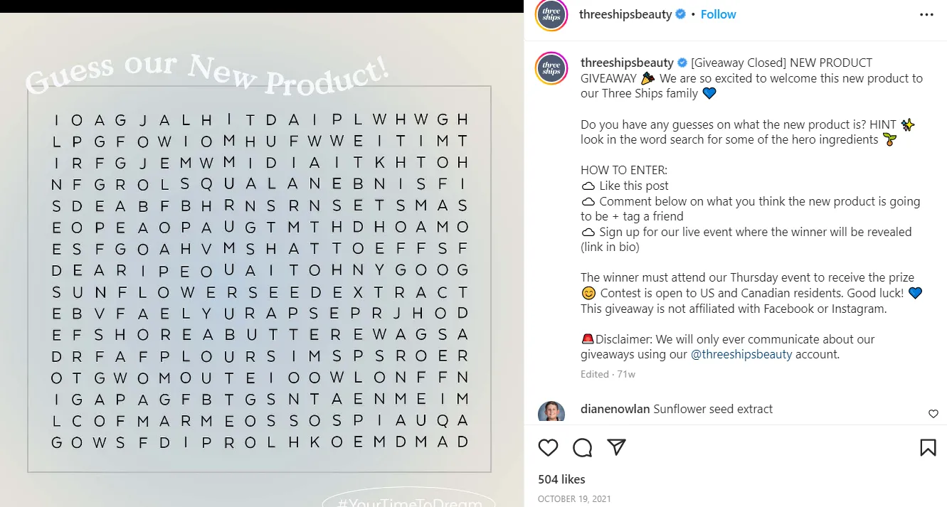 Example of three ship beauty launching a new product via livestream (promoted on Instagram)