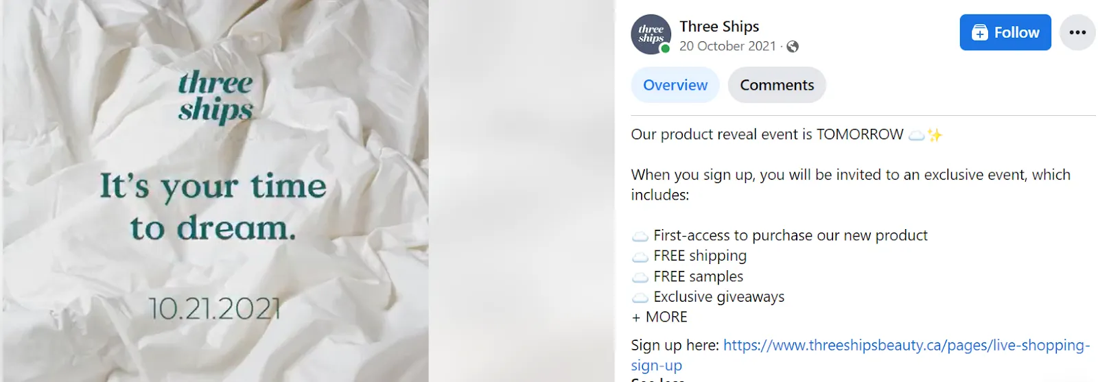 Three Ships Beauty far exceeded their livestream shopping goals by 544% social post promoting that digital live shopping event