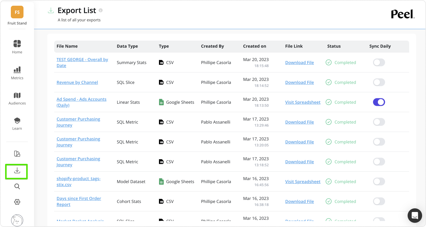 See a full export list of any Google Sheets or Excel file downloaded by your team