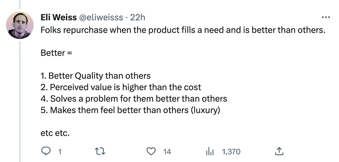 Tweet Thread from Eli Weiss talking about customer retention and how to get customers to repurchase