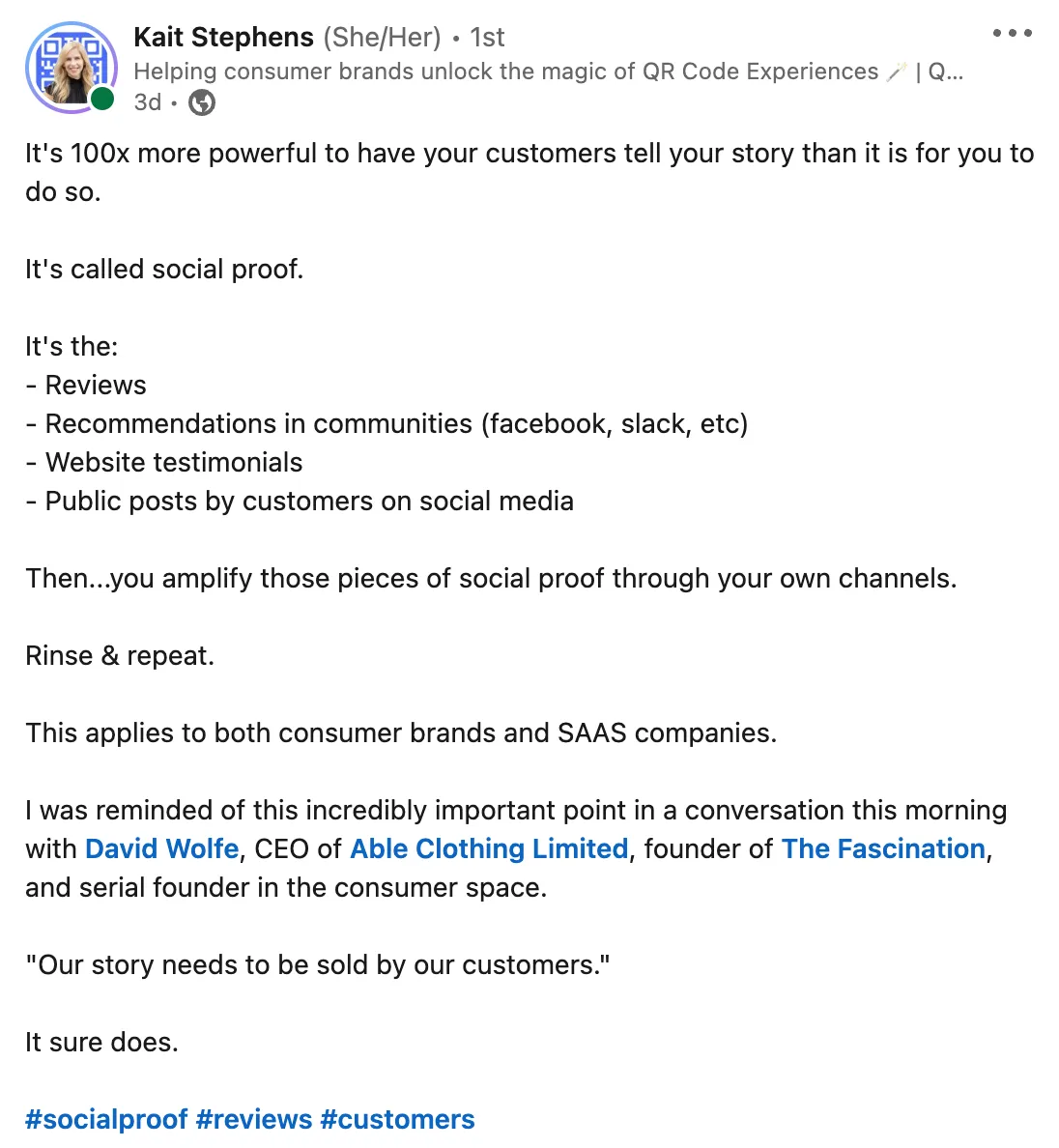LinkedIn post from Kait Stephens, CEO of Brij talking about social proof as a customer retention tool