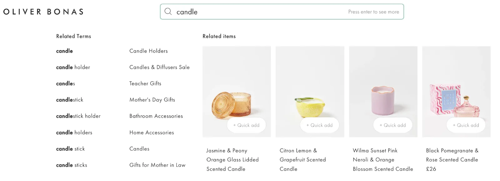 Example of Oliver Bonas related items product recommendations on category page