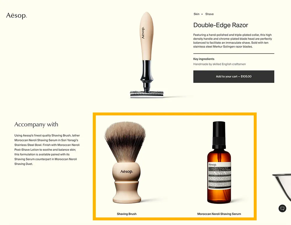 Aesop cross selling and upselling examples with products on their site