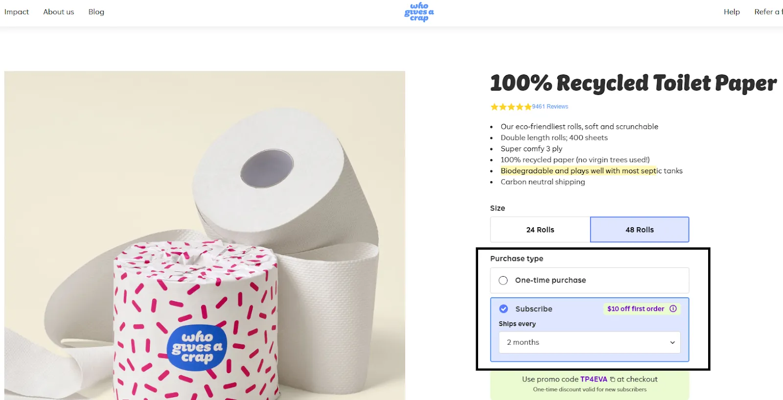 Who Gives a Crap eco-friendly toilet paper subscribe & save example
