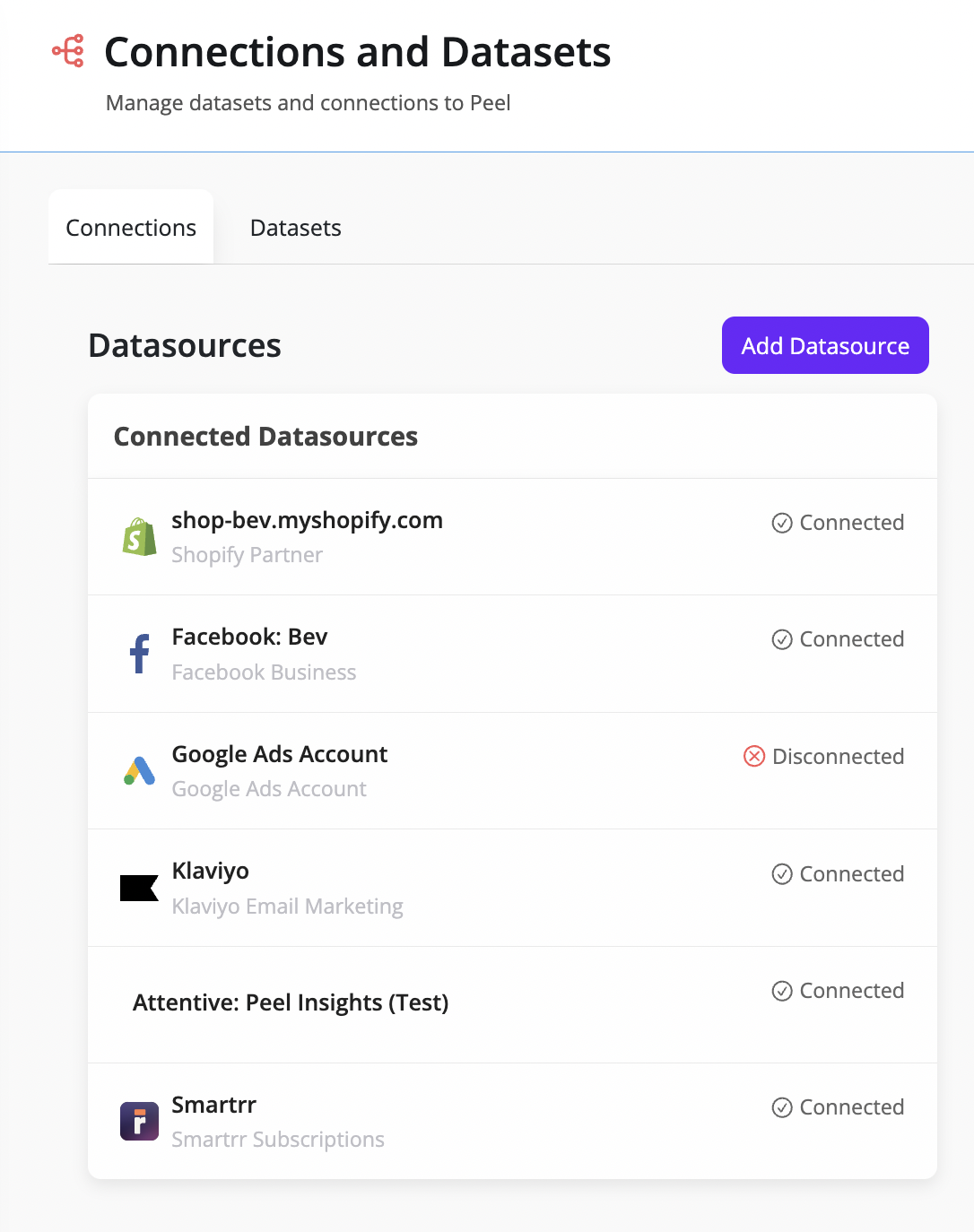 How to view your connected data sources in Peel