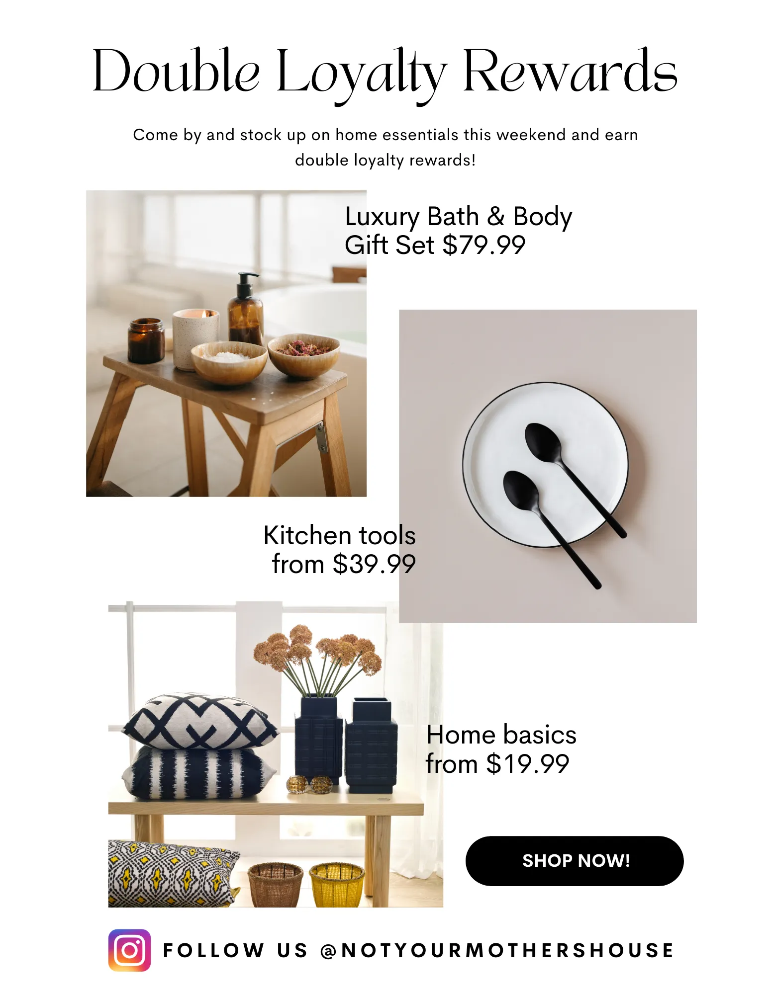 Example email to loyal customers offering them double loyalty rewards and showing them products that may be relevant based on previous purchases