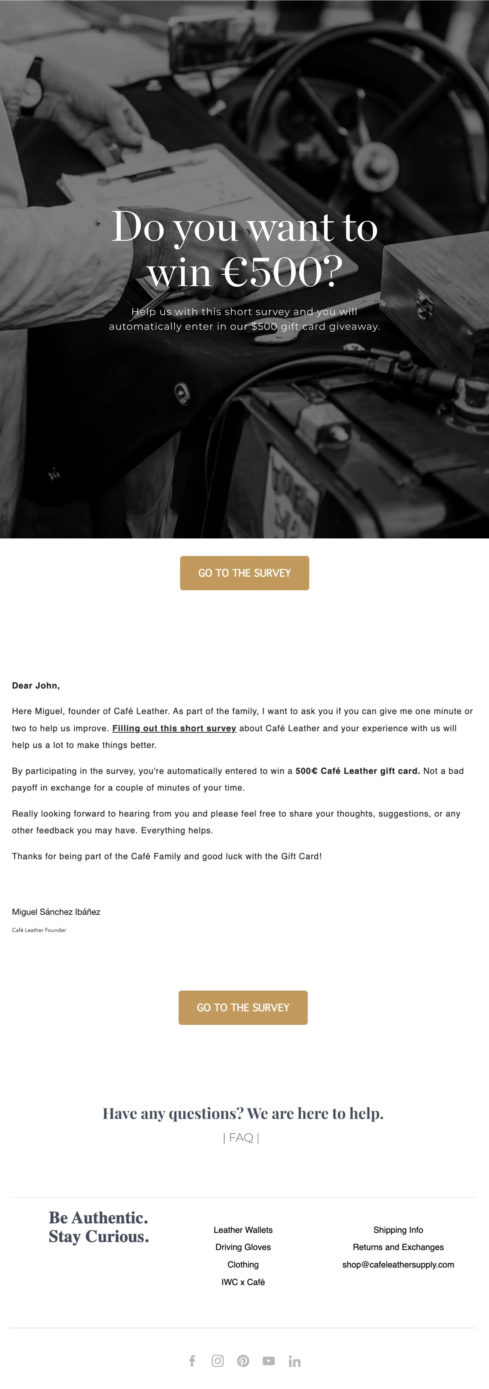 Email example incentivizing a survey with a huge gift card from Cafe Leather