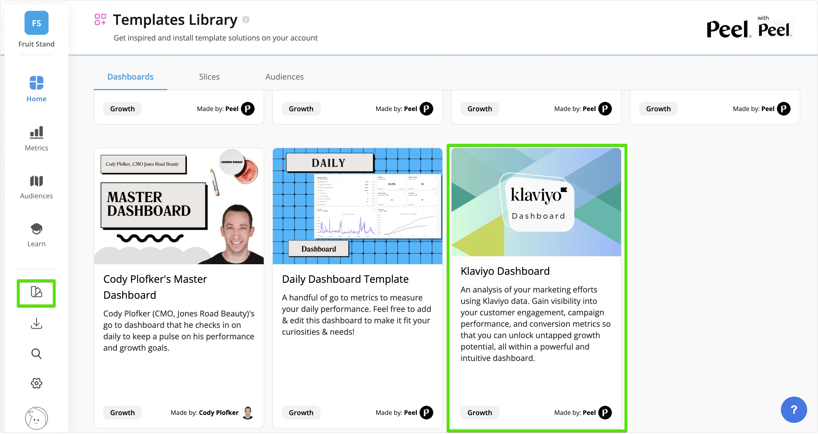 Templates Library showing Klaviyo dashboard in Peel