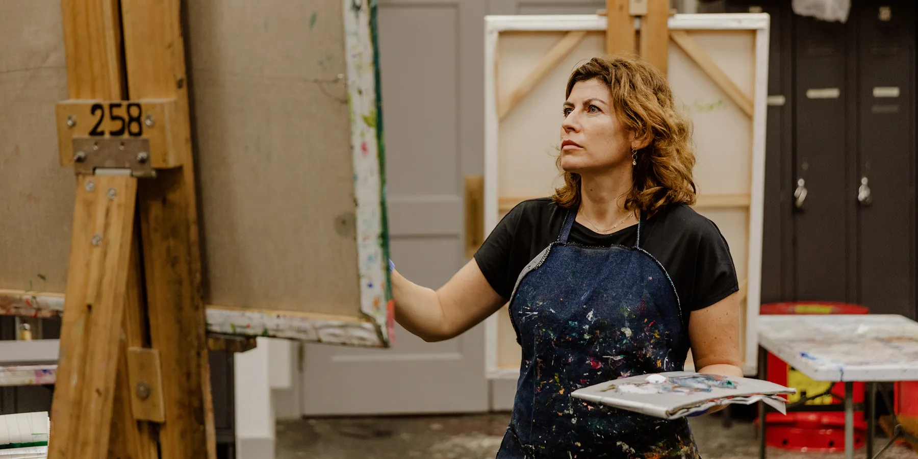 a woman standing in a room